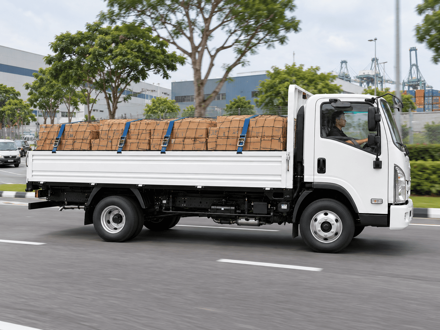 Higer EV H6T Electric Truck carrying a loaded cargo bed in Singapore
